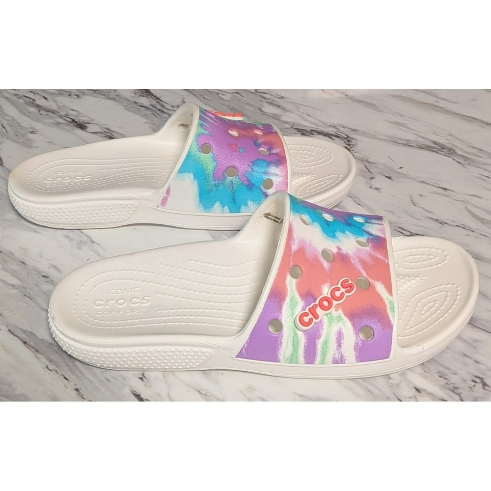 Crocs Classic Slides Sandals White Tie Dye Crocs Charms Size Men's 7  Women's‎ 9 - Picture 8 of 10